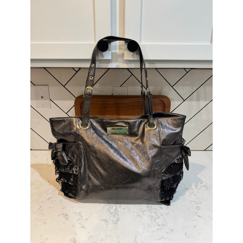 vintage Betsey Johnson Gunmetal Tote Bag with Ruffle Lace Accents 2006-2009 - Picture 2 of 16
